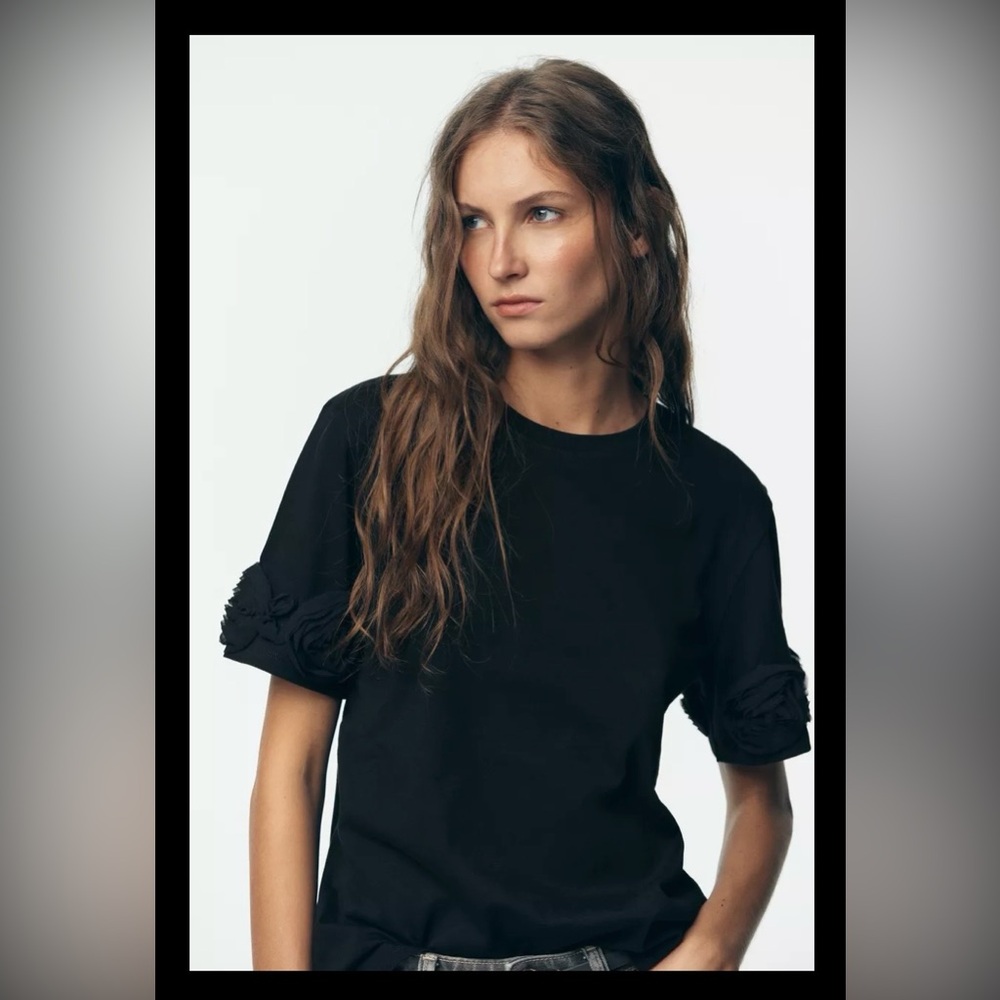 Zara Black Tonal Floral T-shirt | Short Sleeves | XL | Cotton | NWT | Rare